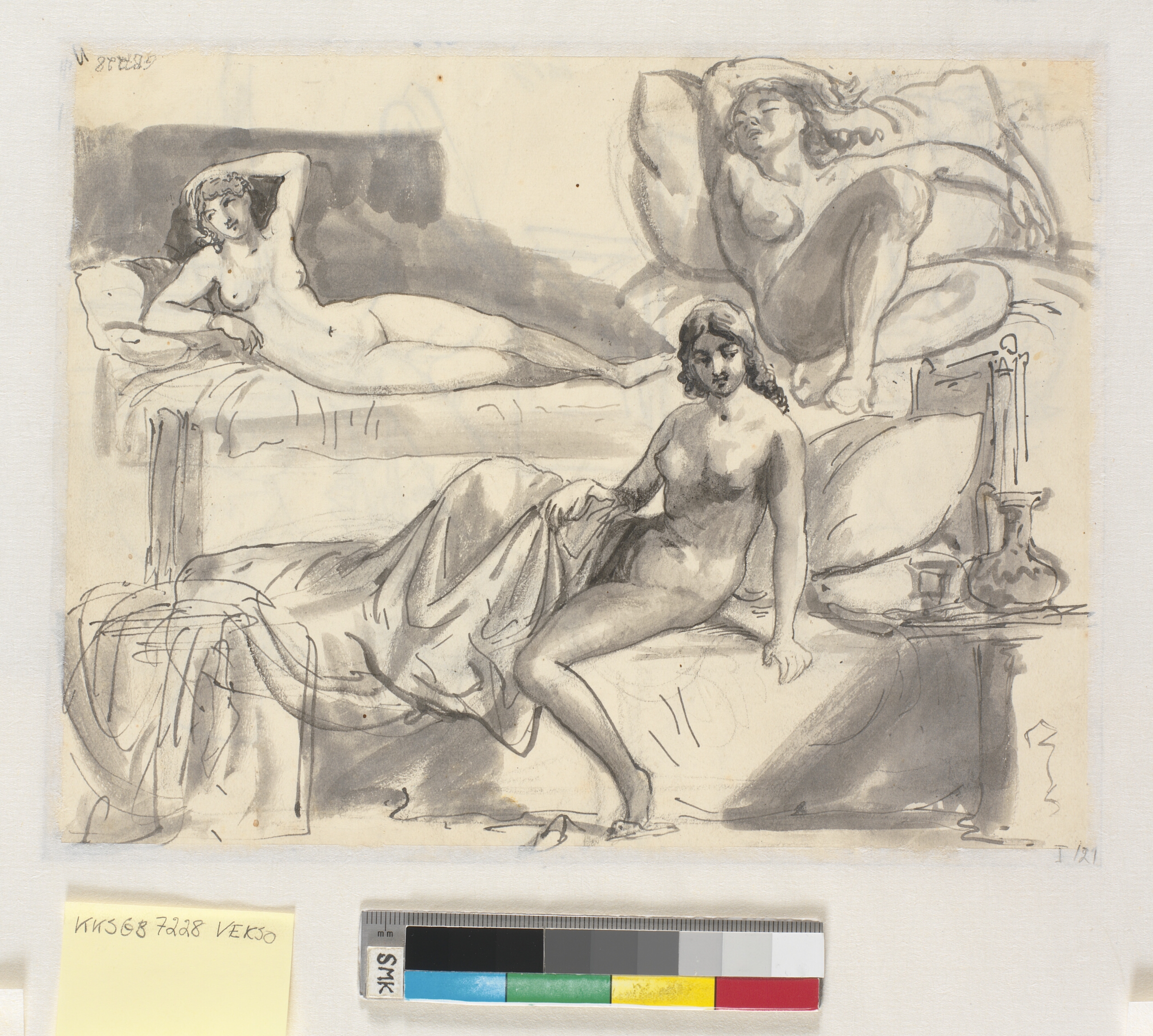 Tre studier af nøgen kvindelig model liggende eller siddende i en seng